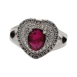 925 Sterling Silver Rhodium Plated Genuine Ruby Clear CZ Heart Shaped Ring